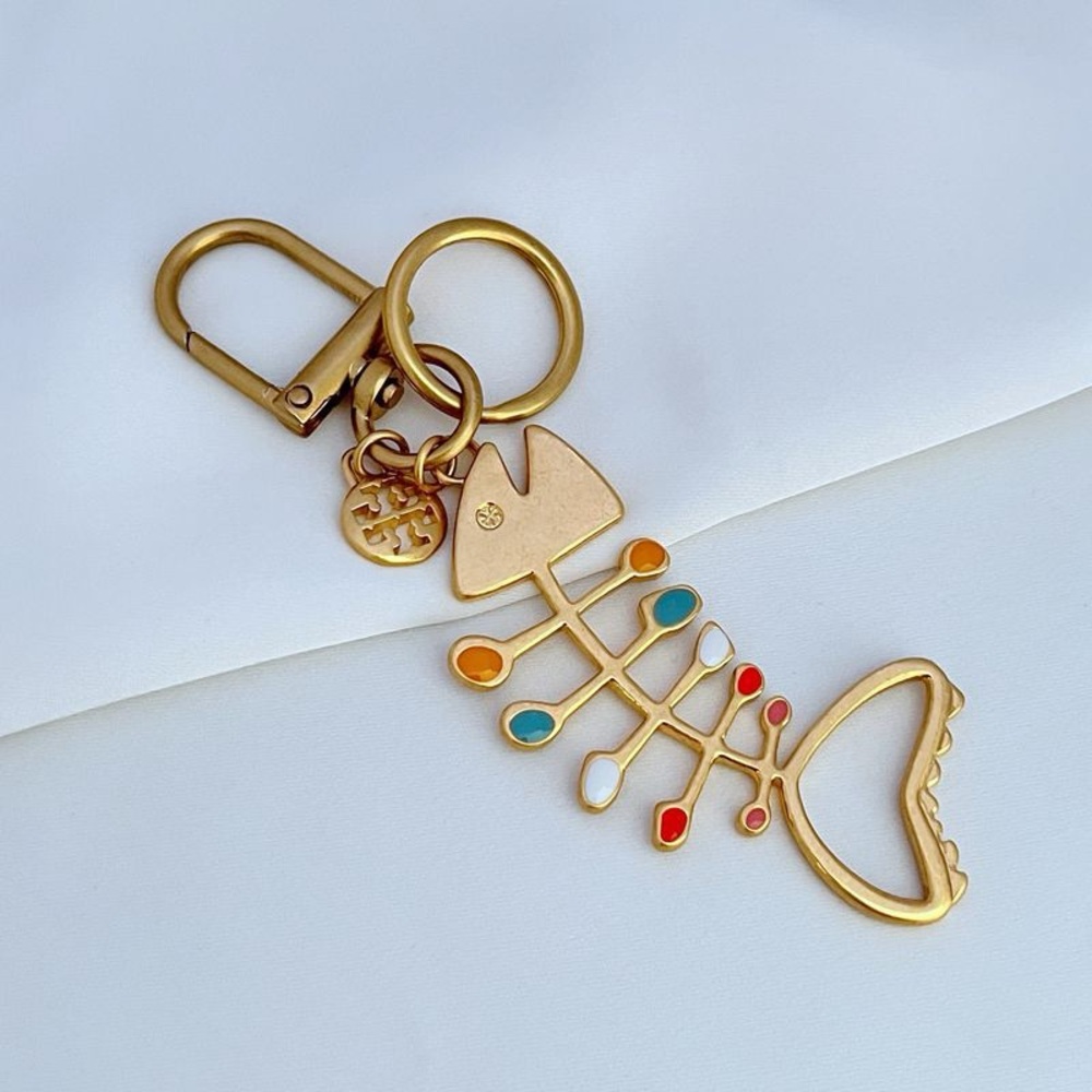 Tory Burch Gold Tone Multicolor Fishbone Keychain & Bag Charm